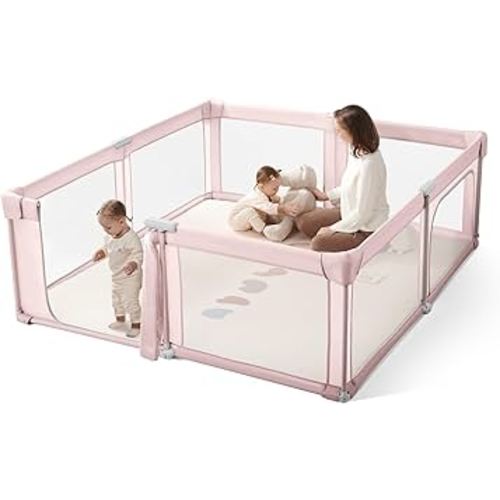 Baby Playpen Portable, Pre-Assembled Play Pen 71x79 Large Foldable Playpen for Babies and Toddlers, Sturdy and Safe Toddler Play Yard Indoor Outdoor with Carry Bag, Pink