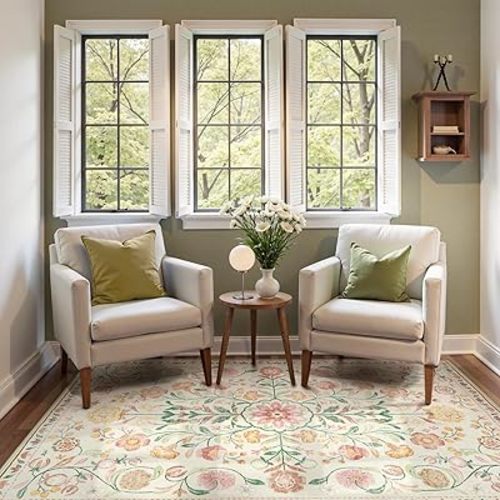 Anidaroel Boho Area Rug for Bedroom, Washable 5X7 Soft Carpet for Living Room, Non-Slip Distressed Beige Floral, Stain Resistant Indoor for Bedside, Apartment, Foyer