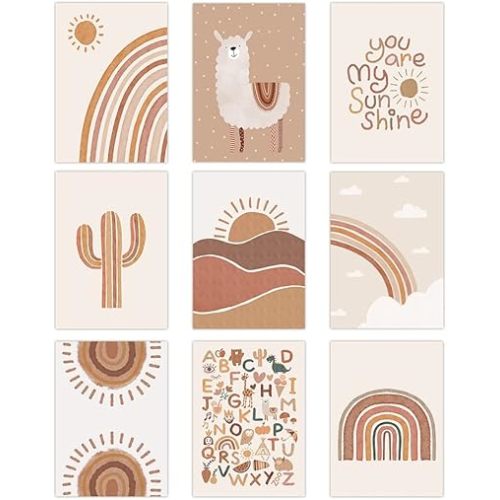 Canssape Set of 9 Baby Boho Nursery Wall Art 8"x10" Kids Room Poster Prints Rainbow Decor Safe Non-toxic Green Warm Sweet Bedroom Unframed
