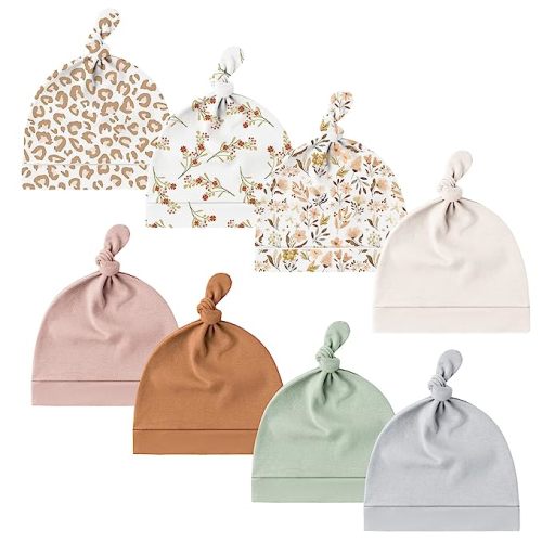 Konssy 8 Pack Baby Newborn Hats Set Knot Beanie Hats Soft for Infant Baby Girls Boys Caps 0-6 Months - Floral Print
