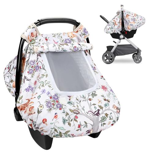 Baby Car Seat Cover, Minky Infant Car Seat Cover with Windproof & Breathable Peep Window, Protects Baby from Wind & Sun (Woodland Animals)