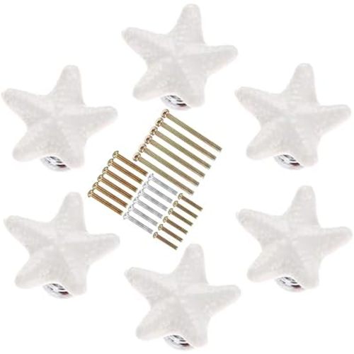 Starfish Shape Drawer Cupboard Pulls Handles Wardrobe Drawer Cabinet Door Kitchen Knobs and Handles, Pack of 6 (White)