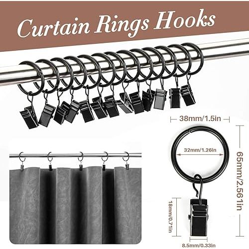 50PCS Curtain Rings with Clips - Curtain Clips Black Drapery Rings with Fasteners 1.26 inch Interior Diameter Rod Metal Fasteners for Decoration Craft Dispaly