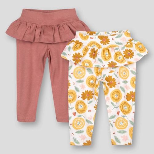 Lamaze Baby Girls' 2pk Organic Cotton Flower Child Pull-on Peplum Leggings Pants - Mauve Pink/amber 9 Months