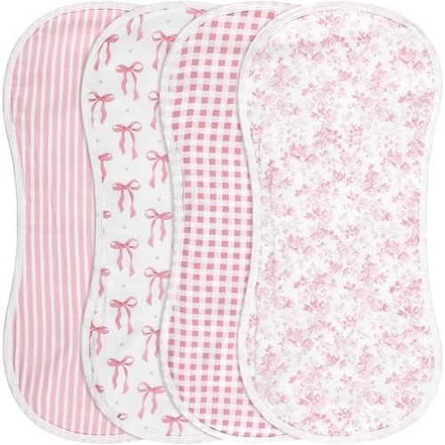 Boao 4 Pack Baby Burp Cloths Pink Bow Rayon Cotton Baby Burping Cloths 21" x 10" Soft Muslin 7 Absorbent Layers Washcloths Newborn Face Towels for Teething Drooling Infant Boy Girl Unisex