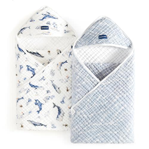 GRSSDER Ultra Soft Absorbent Muslin Cotton Baby Hooded Towel 2 Pack with Original Patterns, Extra Large Size 35"x 35" Swaddle Wrap for Newborn Infant and Toddler