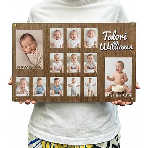 My First Year Photo Frame Personalized | Baby 0-12 Months Picture Display | First Year Wooden Milestone Frame for Newborn | New Mom Baby Keepsake (Dark Walnut)