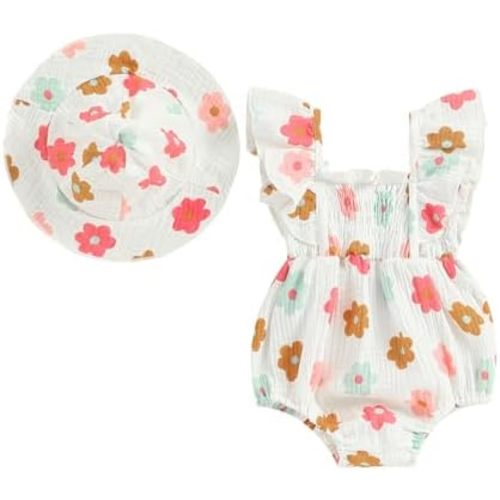 Rtnnsbbfcm Newborn Baby Girl Clothes Fly Sleeve Romper Floral Jumpsuit With Hat Infant Baby Girl Summer Cute Outfit