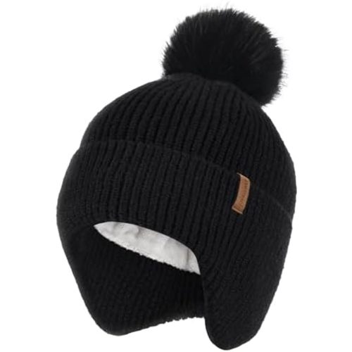 Toddler Baby Winter Hat Warm Fleece Lined Knit Kids Hat with Earflap Infant Newborn Pom Pom Beanie Knit Cap Girls Boys