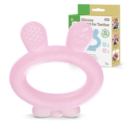 Haakaa Silicone Baby Teether - Rabbit Ear Frozen Teething Toy for Babies 3-6 Months- Cold Teething Relief - BPA Free Silicone-Pink