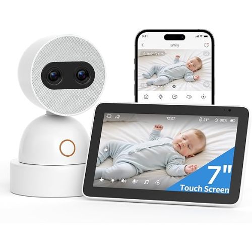Simsky Split Screen Video Baby Monitor with 2 Cameras, Dual 4MP Cameras with 6X Zoom, 7" UHD Touch Screen Portable Audio Baby Monitor, App Remote Access 32GB Local Storage
