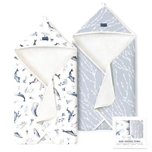 GRSSDER Baby Hooded Towel 2 Pack for Newborn, Super Soft Bath Towels with Original Designs, Ultra Absorbent Knit Terry, Large Toddler Towels with Hood for Boys Girls, Shower Gifts for Infant,34"x 34"