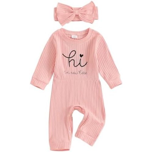 Winioder Newborn Baby Girl Fall Clothes Ribbed Long Sleeve Romper Jumpsuit with Headband Infant 2Pcs Coming Home Outfit