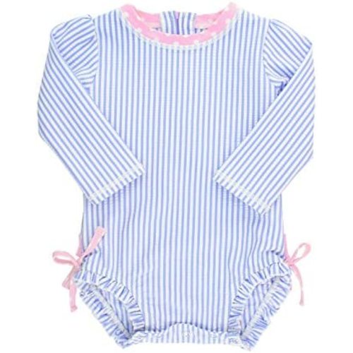RuffleButts Baby/Toddler Girls Seersucker Long Sleeve One Piece Rash Guard Swimsuit with UPF 50+ Sun Protection