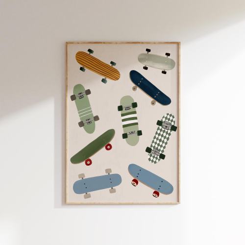 Skateboard Print, Cream Nursery Wall Art, Retro Boys Room Decor, Cool Kids Skateboard Poster, Digital Download