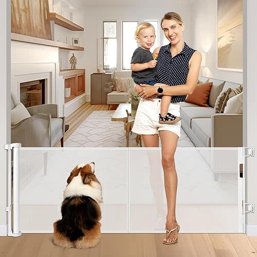 Reinforced 28 Inch Tall Retractable Baby Gates for Dogs, Easy Step Over Pet Gate with Support Rods, 55" Wide Retractable Dog Gate, Puppy Gates for The House Short Dog Gate for Stairs, Doorways, White