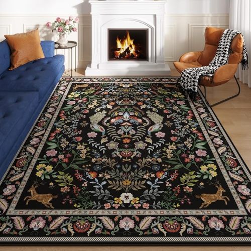 Living Room Rug 6x9 Rug Machine Washable Area Rug Floral Non-Slip Low Pile Large Rug for Living Room, Bedroom, Farmhouse, Dining Room, Kids Playroom (Vibrant Black)