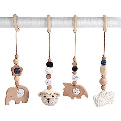 Marukio 4Pc Wooden Baby Play Gym Wood Animal Rattle Hanging Pendant Baby Gymnastics Activity Toy