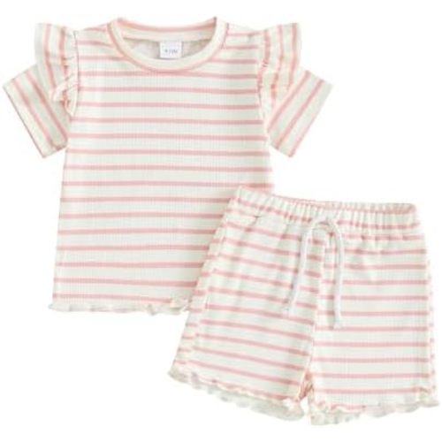 Kupretty Toddler Baby Girl Summer Clothes Ruffle Ribbed Knit Short Sleeves T-Shirt Tops + Shorts Cute Outfits Set
