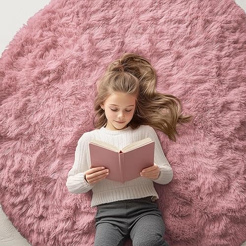 OLANLY Pale Pink Round Rugs for Bedroom - Machine Washable, 5x5 Feet Circle Area Rugs for Living Room, Soft and Fluffy Shaggy Carpet for Teen Girls and Boys, Dorms, Nursery Rooms, Home Decor Aesthetic