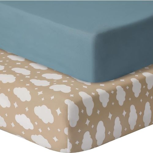 Baby Crib Sheets for Boys Girls, 2 Pack Fitted Crib Sheet for Standard Crib and Toddler Mattress, Soft Microfiber Baby Sheet 52x28x8in. (Clouds & Dark Green)
