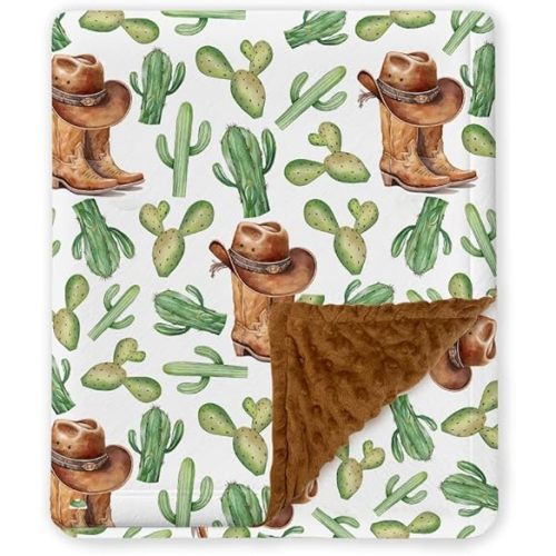 Western Baby Blanket with Cactus, Cowboy Minky Blankets for Boys Girls, Double Layer Dotted Backing, Nursery Room Decor, Soft Warm Lightweight Nursery Bed Blanket for Newborn Toddlers Son Daughter