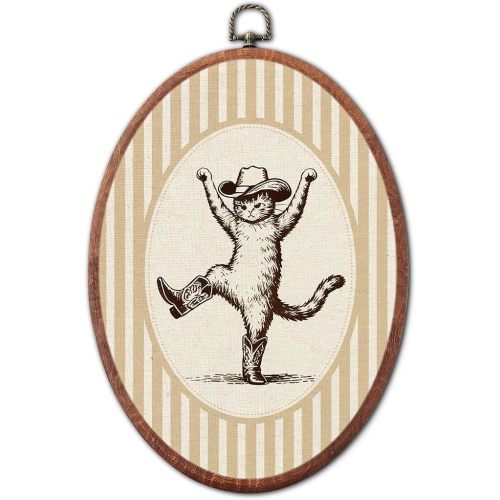 Vintage Cowboy Cat Nursery Oval Wall Art Framed, Yellow Striped Canvas Prints, Western Animal Retro Boy or Girl Gift Hanging Wall Decor for Kids Toddler Room Bedroom Playroom, 8.6x11.4 Inch