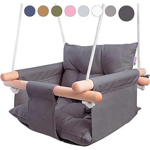 CaTeam - Canvas Baby Swing, Wooden Hanging Swing Seat Chair with Safety Belt, Durable Baby Swing Chair, Outdoor and Indoor Swing for Kids, Mounting Hardware Included, Dark Gray