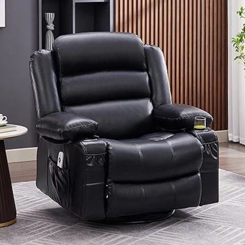 Rocker Recliner Chair with Heat and Massage, 360° Swivel Recliner Chairs for Adults, Oversized Recliner Single Sofa Seat with Cup Holders, Lazy Boy Recliner Single Sofa Seat, Black
