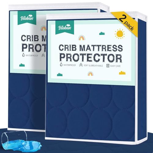 Biloban Navy Blue Crib Mattress Protector 2 Pack, Waterproof, Quilted, Absorbent, Noiseless, Durable Mattress Cover, Perfect Fit for Toddler Bed
