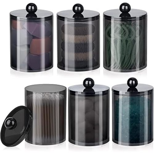 6 PACK Qtip Holder-10 oz, 12 oz, Qtip Holder Dispenser for Bathroom Canister Storage Organization, Vanity Makeup Organizer, for Cotton Swabs, Balls, Pads, Floss Picks(Black)