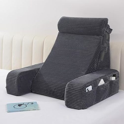 Vekkia Adjustable Reading Pillow & Back Pillow with Backrest – Zoned Multi-Density Foam for Targeted Support, XL Side Pockets – Bed Chair for Reading, Gaming, Relaxing & Post-Surgery Recovery