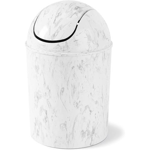 Umbra 1.25-Gallon Mini Waste Can w/Swing-Top Lid - Small Garbage Bin for Compact Spaces Under Tables & Counters, Miniature Trashcan, Removable Lid for Kitchens Bathrooms Bedrooms Dorms, White Marble