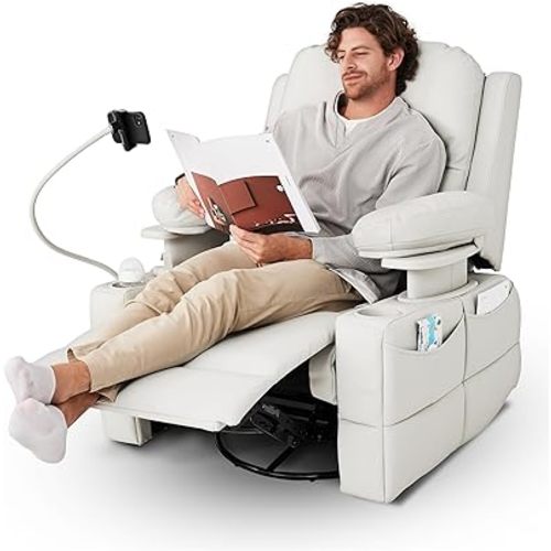 Living Room Chairs, MUSE Design Award, Power Recliner Chair for Adults with Adjustable Armrests, Oversized Swivel rocker recliner with Infinite Positions, USB Ports, Cup&Phone Holder(Leather)
