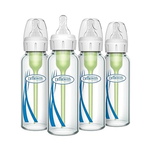 Dr. Brown's Natural Flow Anti-Colic Options+ Narrow Glass Baby Bottle 8 oz/250 mL, with Level 1 Slow Flow Nipple, 4 Pack, 0m+