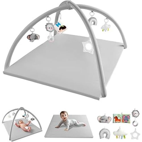 Baby Play Gym with Soft Foam Mat – Velvet Tummy Time Mat with 6 Sensory Toys, 34"x34" Baby Activity Mat for Infant Development, Machine Washable & Non-Slip, Newborn Essentials Gift, Grey