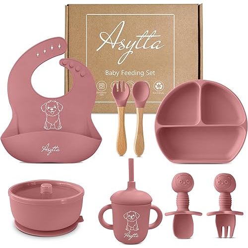 Silicone Baby Feeding Set,Baby Led Weaning Supplies,Food Grade Supplies for Toddlers,Suction Plate Bowl set,Adjustable Silicone Bib,Baby Eating Utensils,Training Sippy Cup (Pink)
