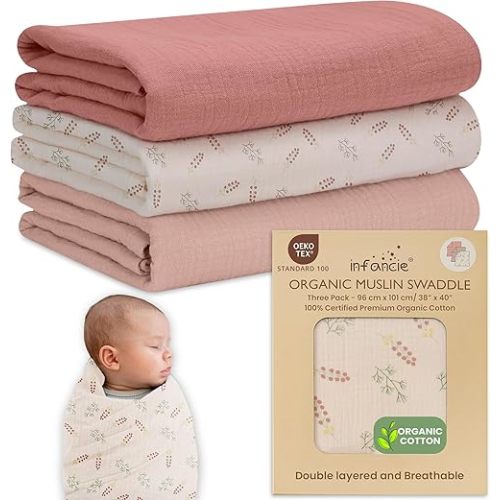 Organic Cotton Muslin Baby Blanket 3 Pack - 38x40 Inch Breathable Swaddle, Hypoallergenic Double-Layer, Versatile Use (Pink, Floral, Rust, 38x40 Inch)