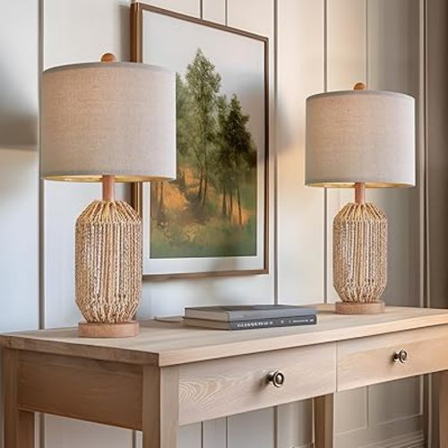 OYEARS 21" Boho Table Lamps Set of 2 for Living Room, Bedside Lamps for Nightstand, Rattan Lamp for Bedroom, Farmhouse Table Lamps for Boho Decor, End Table, Retro, Brown