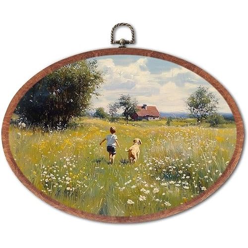 XSTWLJ Vintage Golden Retriever Wildflower Landscape Oval Wall Art Decor, Farmhouse Country Canvas Prints Framed, Retro Hanging Canvas Prints for Washroom Restroom Bathroom Decoration, 11.4x8.6 Inch