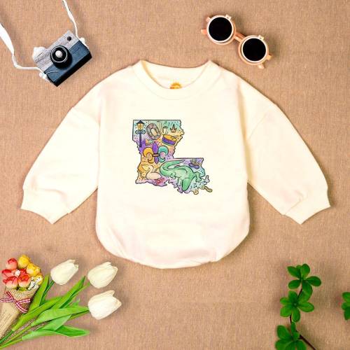 Louisiana Romper Sweatshirt, Mardi Gras Baby Outfit, Newborn State Gift, Toddler Birthday Bodysuit, Baby Shower Gift, Southern Baby Clothes