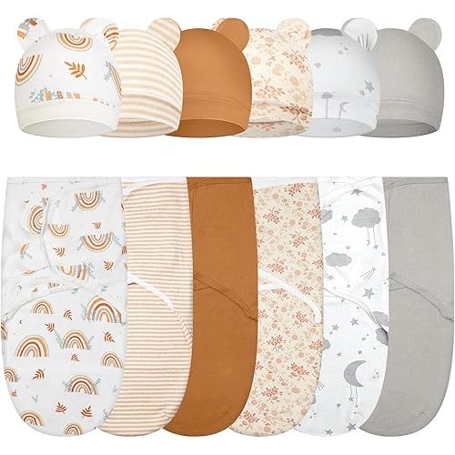Ramede 6 Pack Baby Swaddle Blanket with Hats Sleep Swaddle for 0-3 Months Newborn Sacks Soft Cotton Wearable for Baby Boy Girl Sleeping(Multicolor, Simple)