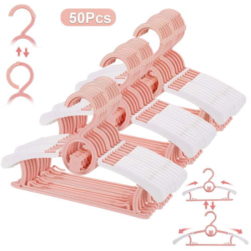 Vorfor Kids Hangers 50 Pack, 11"-14" Extendable Baby Hangers for Closet, Plastic Non-Slip Kid Hanger with Windproof Buckle, Baby Clothes Hanger for Pants Shirts Outfit Onesie, Pink