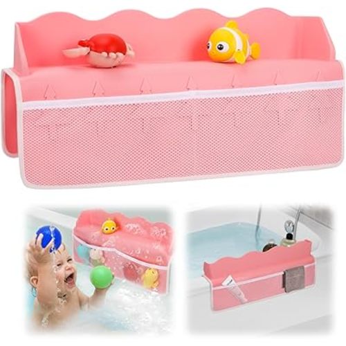 Bathtub Splash Guard, Bathtub Shelf with Mesh Pockets for Bath Toy Organizer, Silicone Bath Tub Toy Holder with 8 Suction Cups, Tub Splash Guard Prevent Spills in Bathroom and Fun for Kids (Pink)