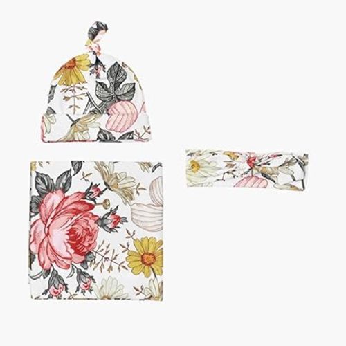 Newborn Swaddle Blanket Headband Hat Set Baby Girl Print Receiving Blanket New Born Hospital Outfit Infant Shower Gift 0-3 Months