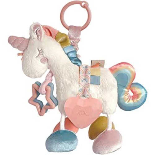 Itzy Ritzy Link & Love Toy for Stroller or Car Seat; Features Textured Ribbons, Crinkle Sounds, Clinking Rings & Silicone Teether; Designed For Ages 0 Months and Up (Unicorn)