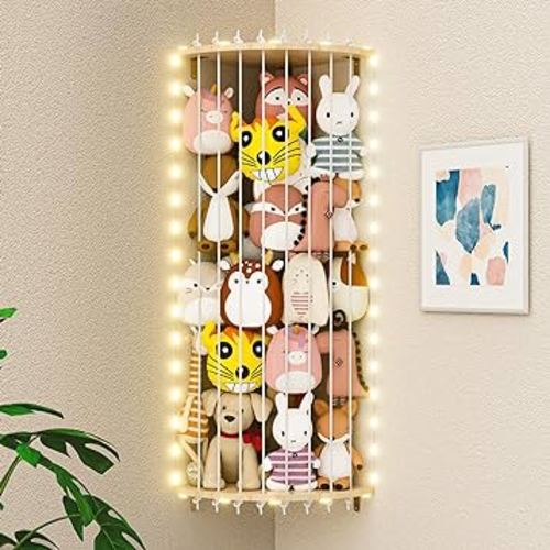 VORTULIUK Wood Stuffed Animal Storage Corner Cage, Large Stuffed Animal Holder with Led Light & Adjustable Length, Nursery Wall Hanging Plush Toy Stuffed Animal Zoo Organizer for Kids Room Bedroom