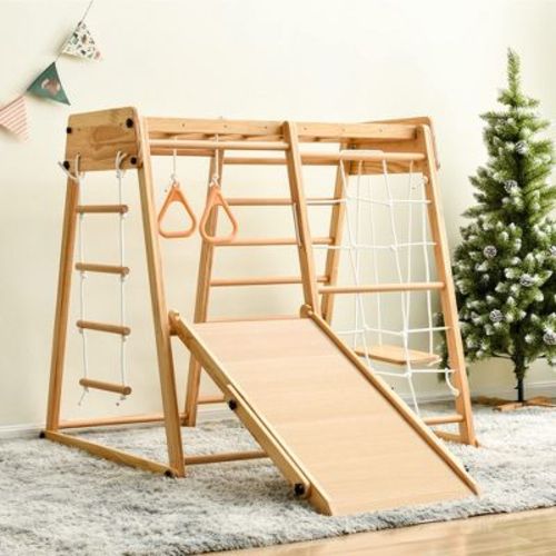 GustoWave Indoor Playground 8-in-1 Jungle Gym Toddler Climbing Toys with Slides and Play Table Wooden Rock Climbing Ladder with Rope Wall Swing Rings