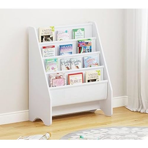 UTEX Kids Bookshelf Storage, Book Shelf for Kids Rooms, 4 Tier Sling Toddler Bookshelf, Magazine Book Rack, Children Book Organizer, White