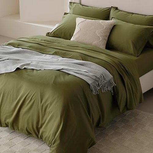Double Stitch Cotton Tencel Duvet Cover - Queen Size Comforter Cover, Luxury & Soft Eucalyptus Lyocell Bedding Set for Hot Sleepers, Cooling, Smooth & Breathable, Button Closure, Olive Green, 90"x90"